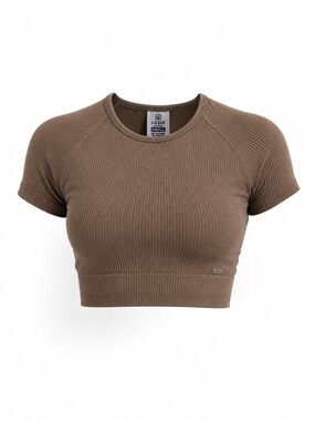 LILIAS Brown Ribbed Crop Top - Short Sleeve Crew
